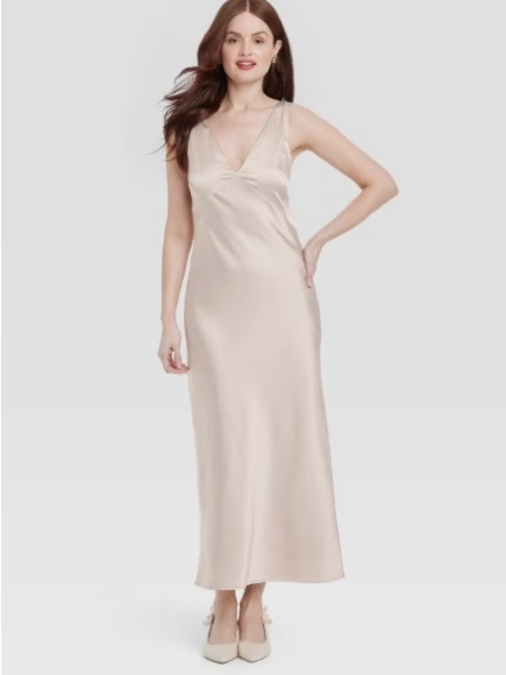 Silky V-Neck Long Slip Dress - Cream